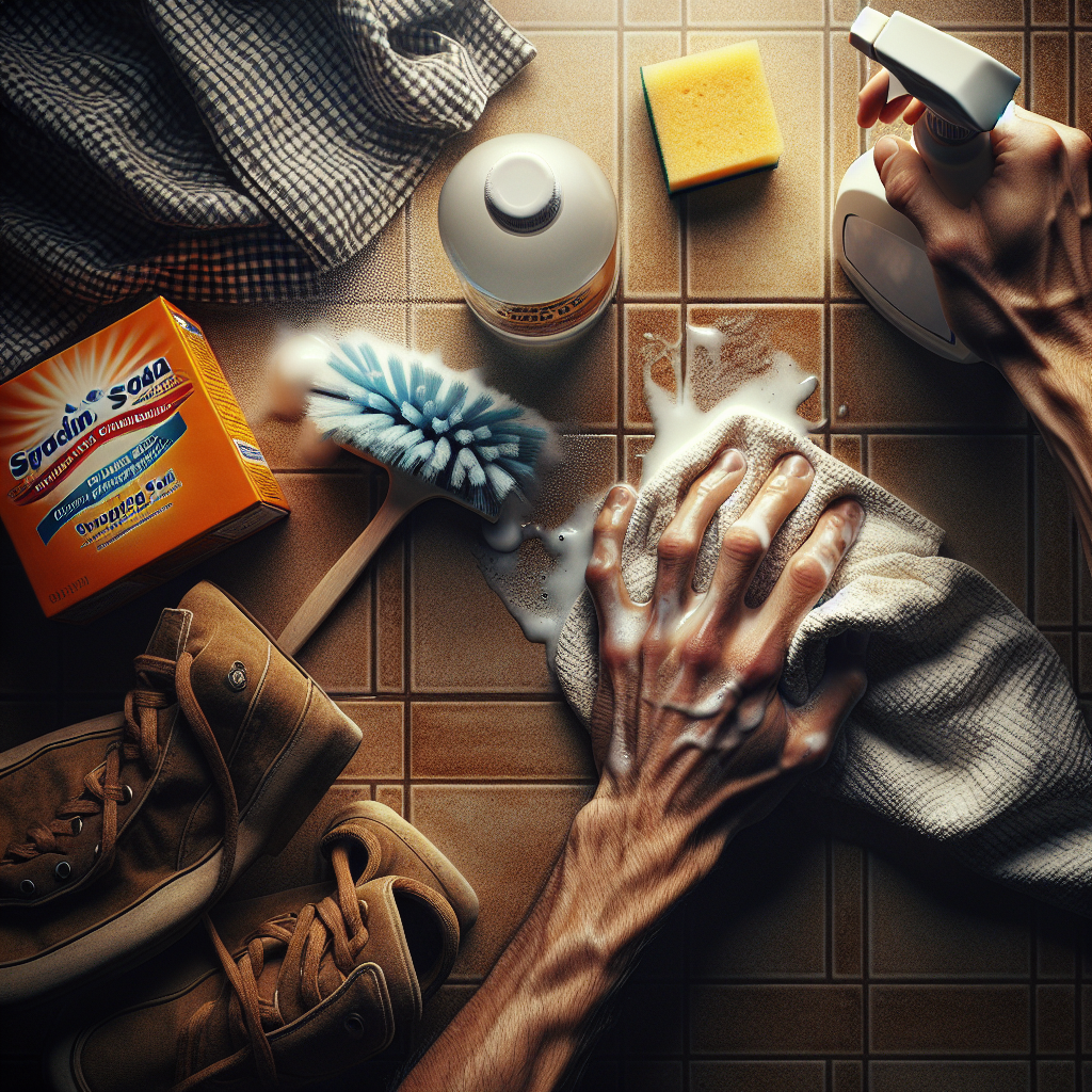 Close-up, top-down view of a pair of hands actively cleaning a tiled kitchen floor or a fabric sofa. A spray bottle, a box of baking soda, and a bottle of white vinegar are prominently arranged nearby on the surface. A sponge or cleaning cloth is in motion, wiping away a spot. The scene conveys effective cleaning with home remedies, bright and well-lit, realistic photograph.