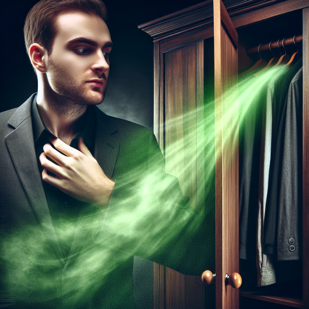 A person with a slightly disgusted expression opening a dark wooden wardrobe, from which a subtle, green-tinted musty vapor emanates. The closet interior appears somewhat unorganized and dim. Realistic style, focus on conveying an unpleasant odor visually.