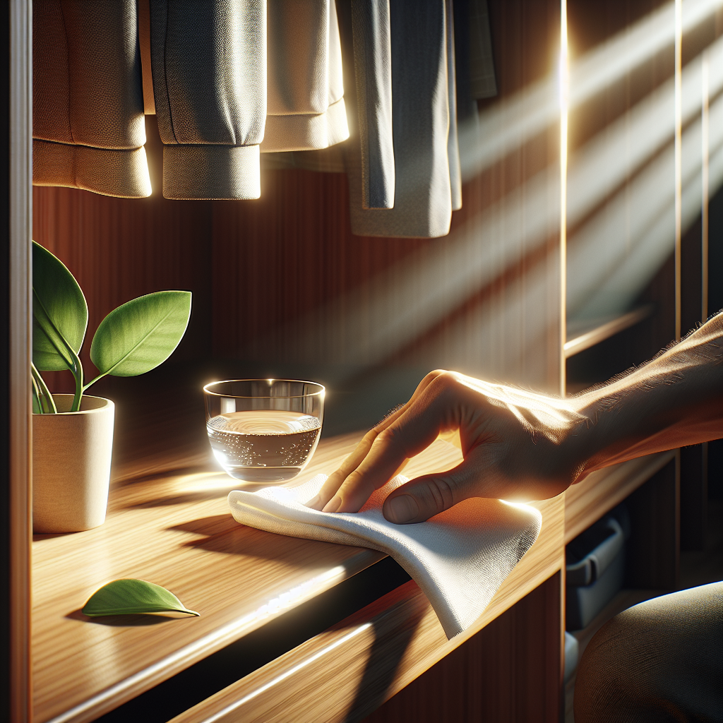 Close-up of hands wiping down the clean, bright wooden shelves of an open wardrobe with a white cloth. A small glass bowl with a clear liquid (suggesting vinegar water) and a fresh green sprig are visible on a lower shelf. Sunlight streams into the closet, creating a sense of cleanliness and freshness. Realistic, warm lighting.