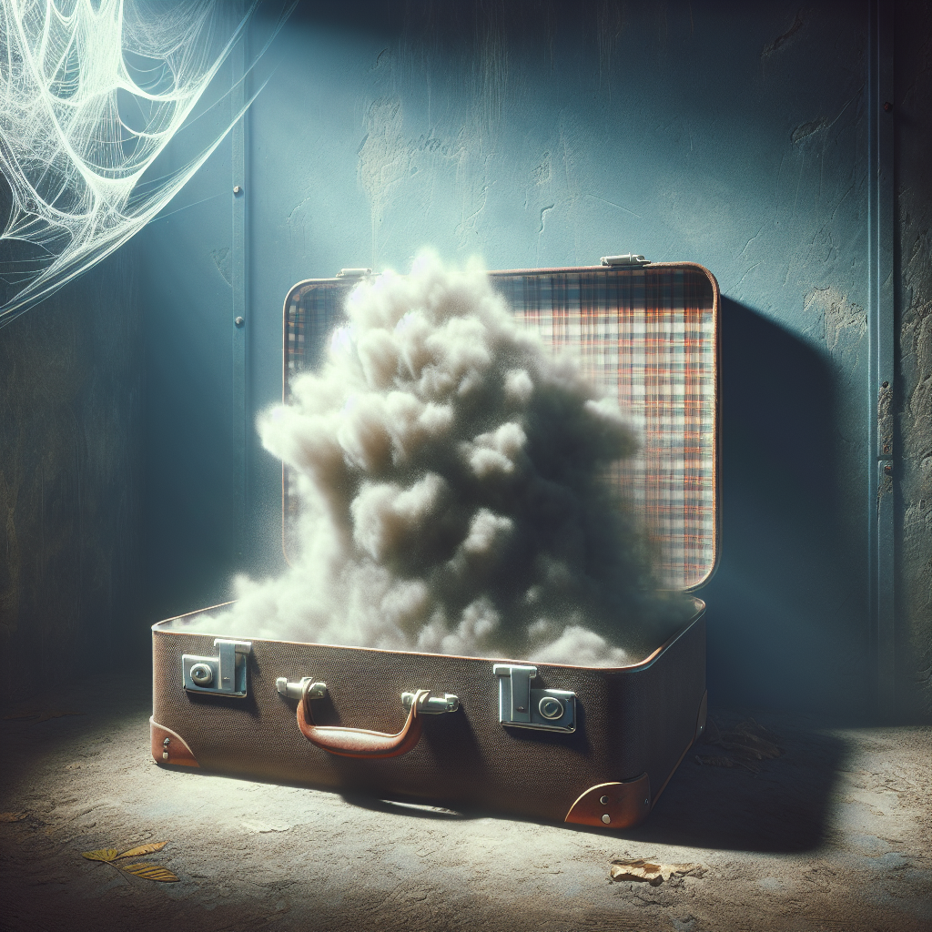 A vintage or modern suitcase, slightly ajar, with a visible, swirling cloud of unpleasant, musty odor emanating from its interior. The suitcase is positioned in a dimly lit, dusty storage area, like a basement or attic, with cobwebs subtly visible in the background. Realistic photography, muted colors, evoking a sense of stale air.