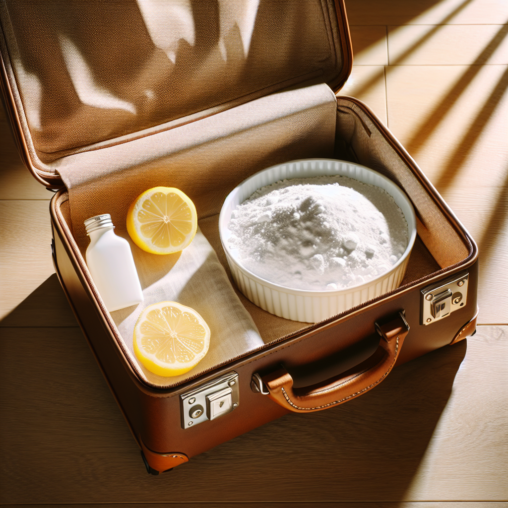 An open, pristine suitcase basking in bright, natural sunlight, placed on a clean wooden floor or a light, airy background. Inside the suitcase, a small, elegant dish filled with white baking soda is subtly visible, next to a few fresh lemon slices, symbolizing natural odor removal and freshness. Bright, clean, and inviting photography style.