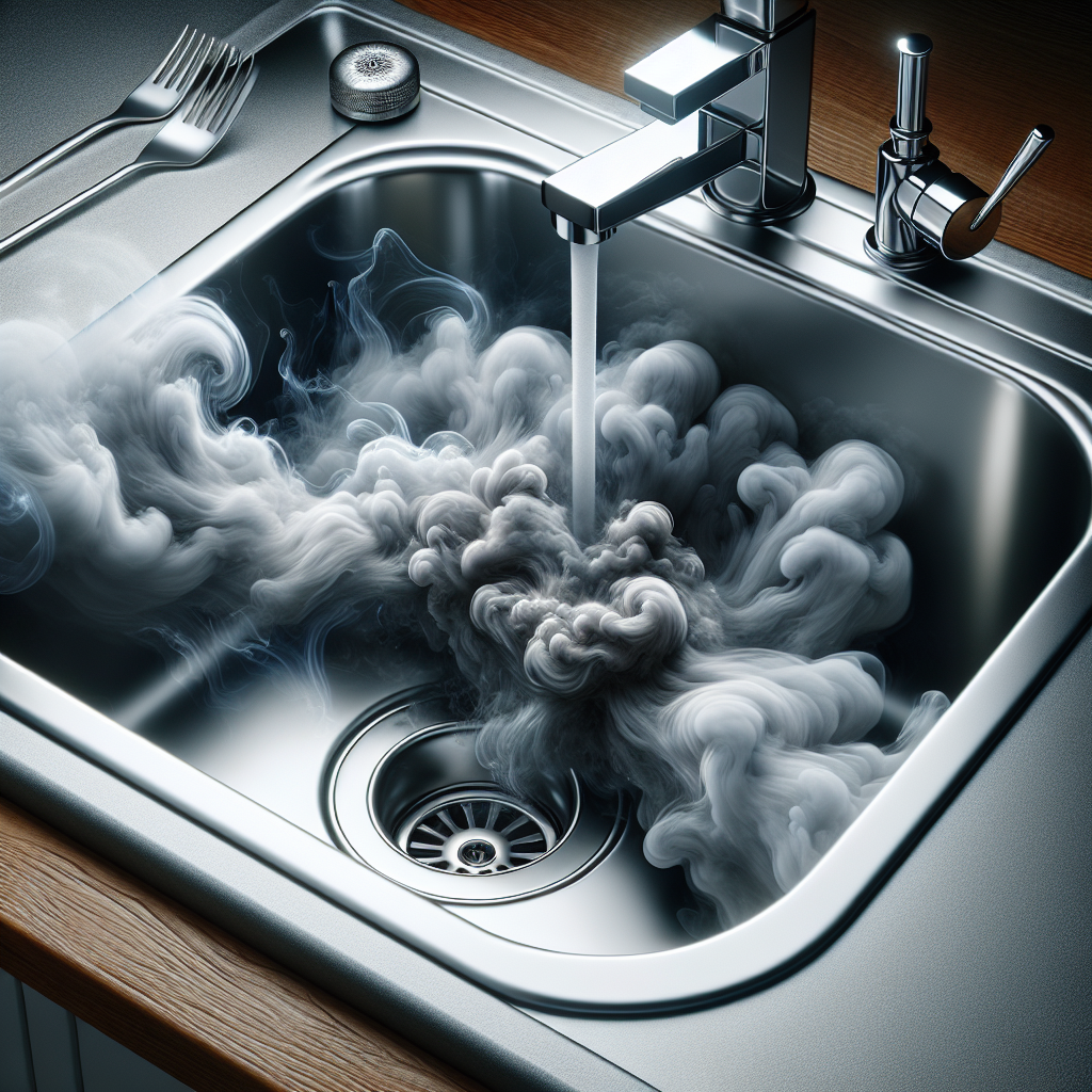A close-up photo of a modern kitchen sink drain. A subtle, almost translucent, swirling cloud of grayish vapor abstractly emanates from the drain opening, representing an unpleasant smell. The sink itself is clean and well-maintained, highlighting the hidden problem originating from within the drain. Realistic, clean style, natural lighting.