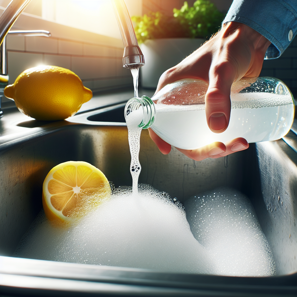 A vibrant, close-up photo of a hand pouring clear white vinegar into a kitchen sink drain, where white baking soda is actively fizzing and bubbling vigorously. A freshly sliced lemon is visibly resting on the edge of the sink, adding a touch of freshness. The scene is bright, clean, and well-lit, emphasizing a successful home remedy and the process of cleaning. Realistic, natural lighting.