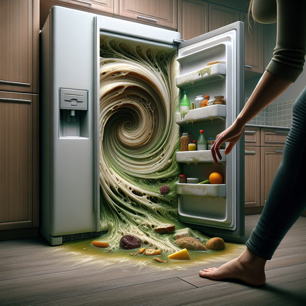 A modern, slightly open refrigerator with a visible, stylized swirl of unpleasant green and brown odor emanating from inside. The fridge interior shows a few forgotten, vaguely spoiled food items. A person's hand is hesitantly reaching towards the fridge, their body language suggesting mild disgust. Realistic digital painting.