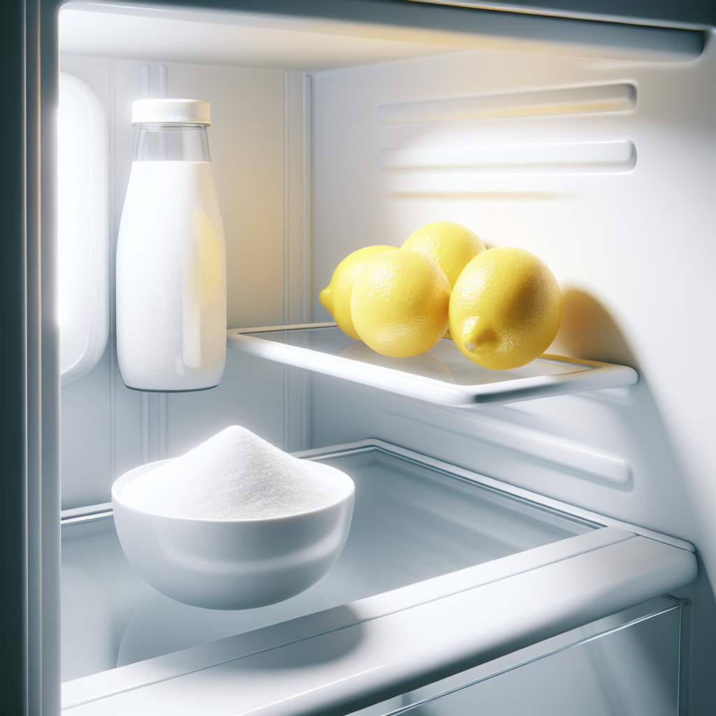 A sparkling clean, minimalist modern refrigerator interior, brightly lit, with a small, neat bowl of white baking soda and a few fresh lemon halves placed on a shelf. The scene evokes freshness and cleanliness, emphasizing a pleasant aroma. Realistic, high-key photograph.