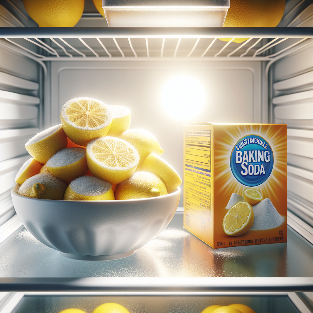 A sparkling clean and tidy refrigerator interior, brightly lit. On one of the shelves, there is a small bowl filled with fresh lemon slices and an open box of baking soda. The focus is on freshness and natural remedies. Realistic photo style, inviting and bright.