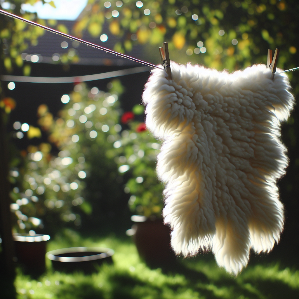 A fluffy, clean white lambskin rug hanging outdoors on a wooden clothesline, gently swaying in a soft breeze under a dappled light. The background shows blurred greenery and a bright, fresh atmosphere, conveying natural ventilation and revitalization. The lambskin looks soft and inviting.