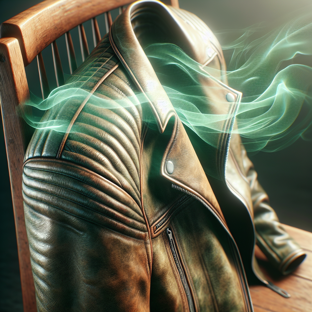A close-up of an old, slightly worn leather jacket draped over a chair, with faint, transparent wavy lines or a subtle green tint emanating from it, symbolizing an unpleasant odor. The background is softly blurred, suggesting an indoor setting. Realistic, soft lighting, detailed texture of the leather.