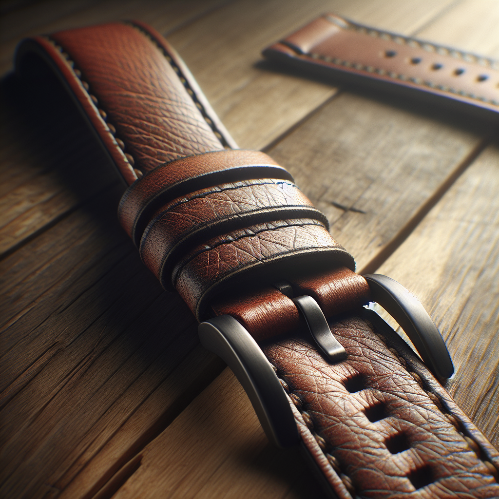 A detailed close-up of a well-worn brown leather watch strap, showing subtle signs of daily use, slight discoloration, and texture, suggesting it might have absorbed odors over time. The background is softly blurred, possibly a wooden surface. Realistic, soft lighting.