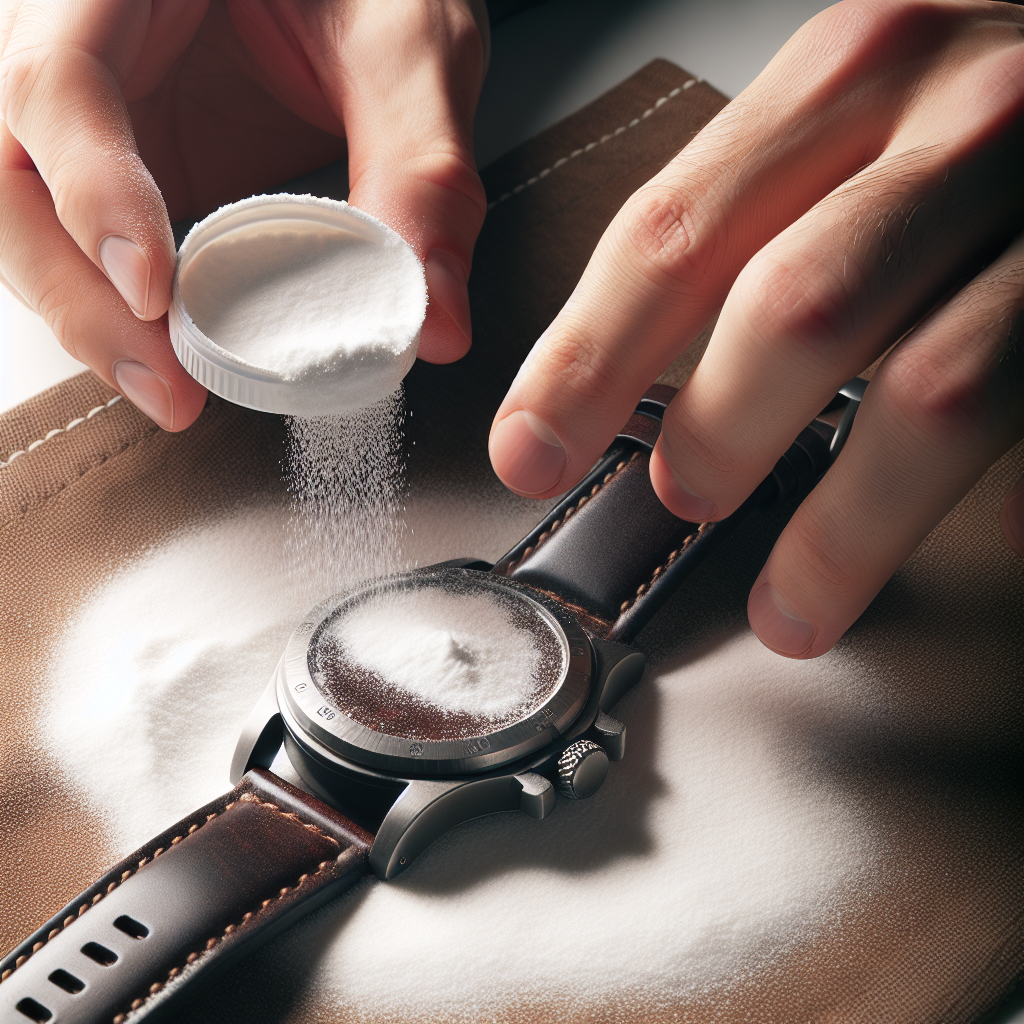 A close-up shot of hands gently sprinkling white baking soda powder onto a dark brown leather watch strap laid flat on a neutral surface. The powder is visible on the leather. Bright, clear lighting. Realistic, instructional style photography.
