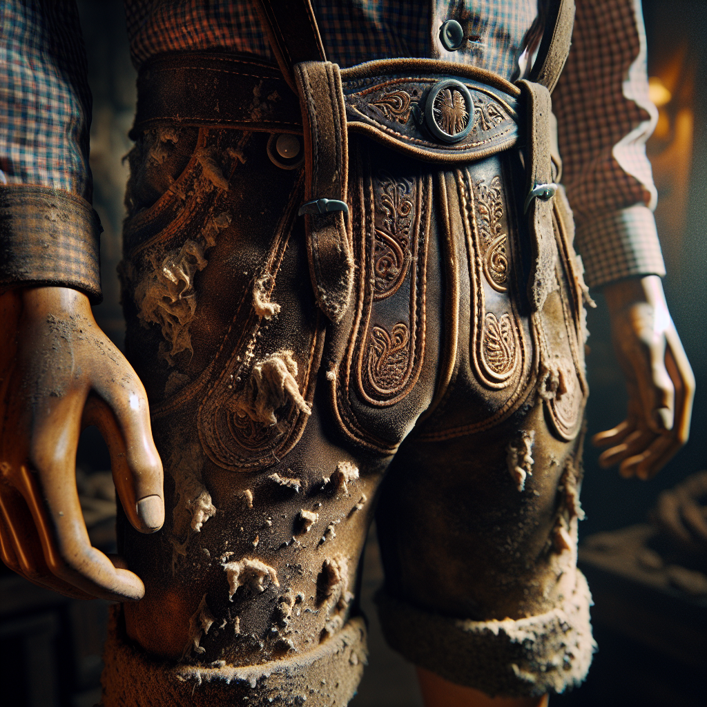 A traditional Bavarian Lederhose, looking a bit worn and with subtle visual cues suggesting an unpleasant, musty odor emanating from it. The atmosphere is slightly dim, emphasizing the problem of the bad smell. Realistic style, detailed leather texture.