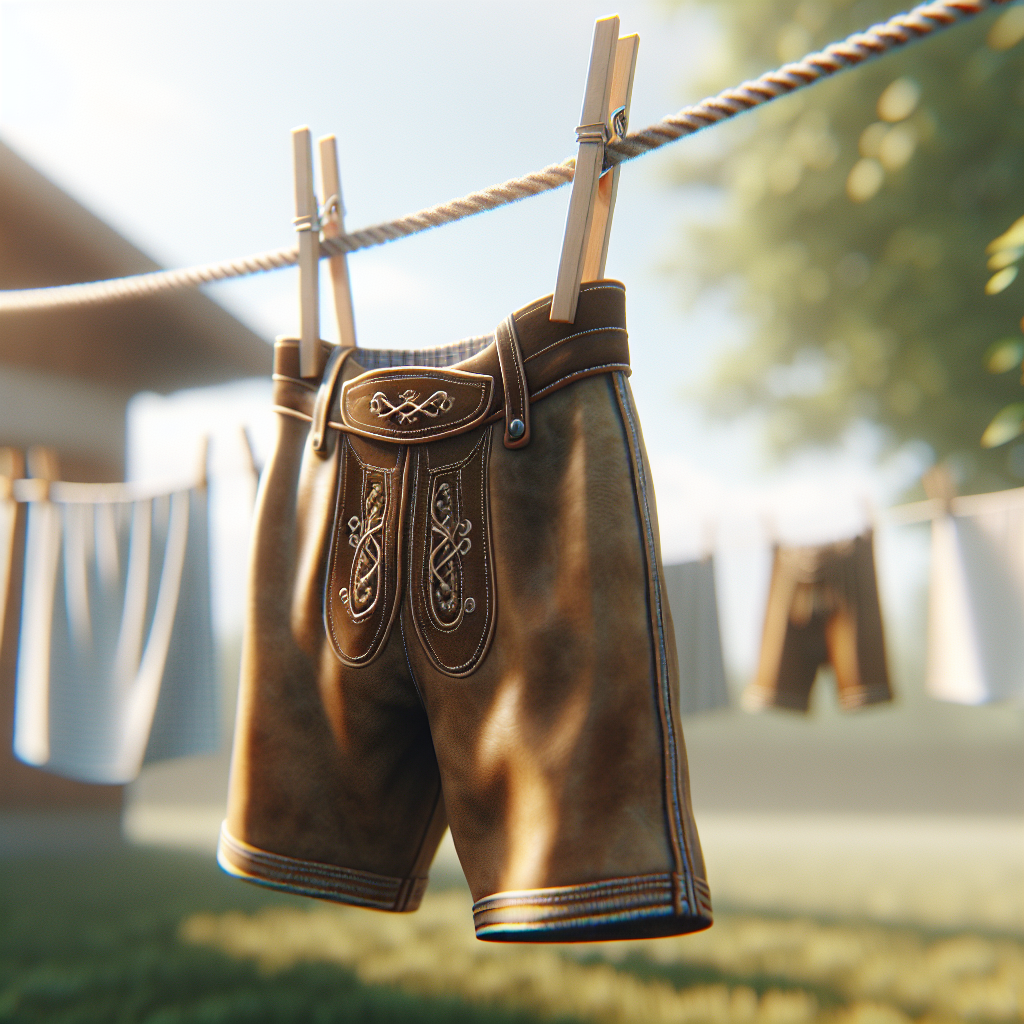 A perfectly clean and fresh-smelling traditional Bavarian Lederhose, gently hanging outdoors on a clothesline, drying in a soft breeze. The scene is bright and airy, conveying a sense of freshness, cleanliness, and natural restoration. Realistic style, focus on the quality of the leather and pleasant atmosphere.