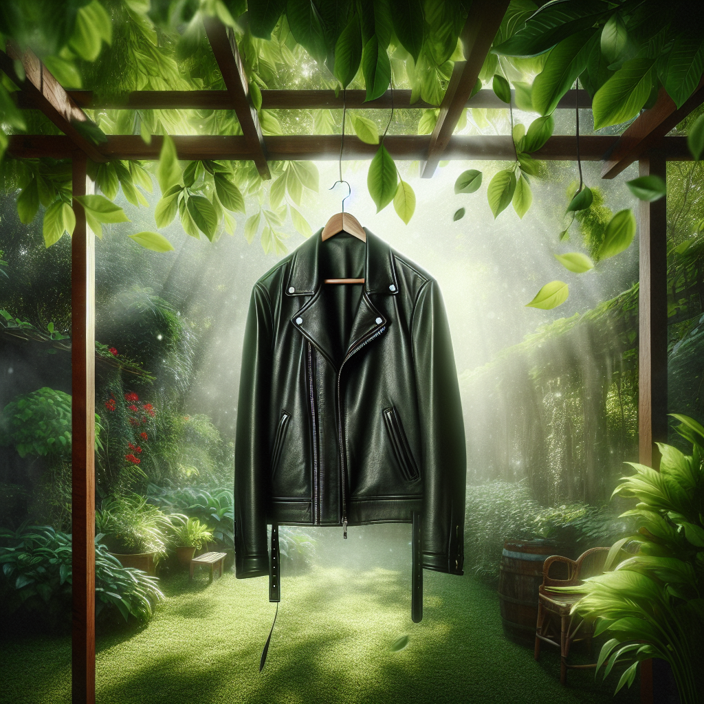 A stylish, classic black leather jacket hanging outdoors on a wooden hanger, gently swaying in a soft breeze. The background is a beautifully blurred, shaded garden with dappled sunlight filtering through lush green leaves. The overall mood is fresh, clean, and serene, emphasizing natural ventilation and revitalization.