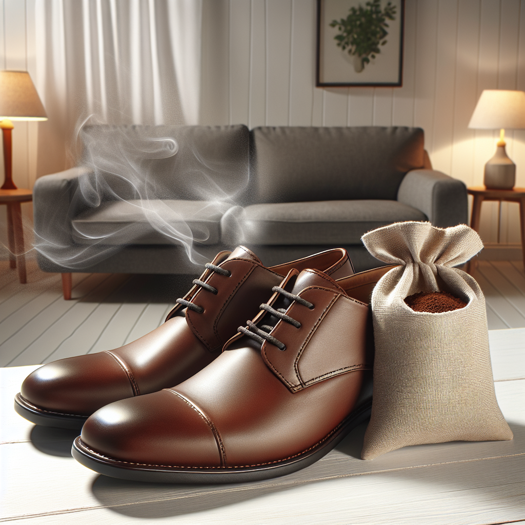 A pair of elegant, high-quality brown leather shoes. One shoe subtly emits a faint, unpleasant odor represented by wispy, dull grey fumes. The other shoe has a small, simple cloth sachet filled with coffee grounds placed inside, emitting a clean, fresh glow. Clean, modern home environment background. High-resolution photo, soft, natural light.