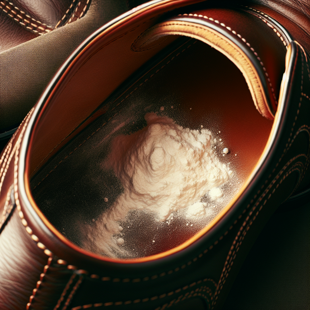 Close-up, top-down view of the interior of a stylish, well-worn dark brown leather shoe. The inside is visibly dusted with a fine layer of white powder, resembling baking soda, suggesting odor absorption. The leather texture is prominent and detailed. Studio photography, warm lighting, focus on the interior and the powder.