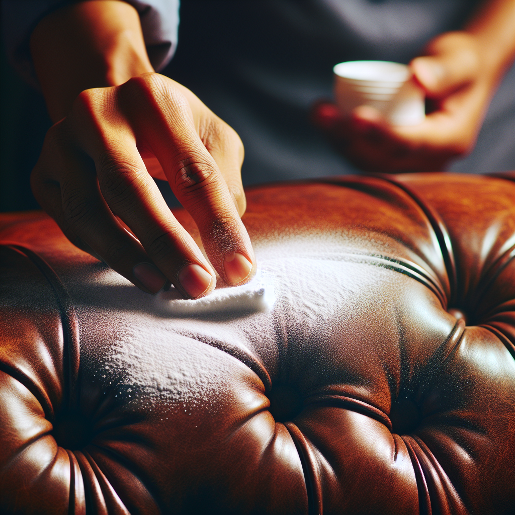 A close-up shot of a classic brown leather sofa. A hand is gently sprinkling white baking soda powder onto a section of the cushion. The lighting is soft and natural, highlighting the texture of the leather and the fine powder, conveying a sense of practical home remedy. Realistic, high detail.