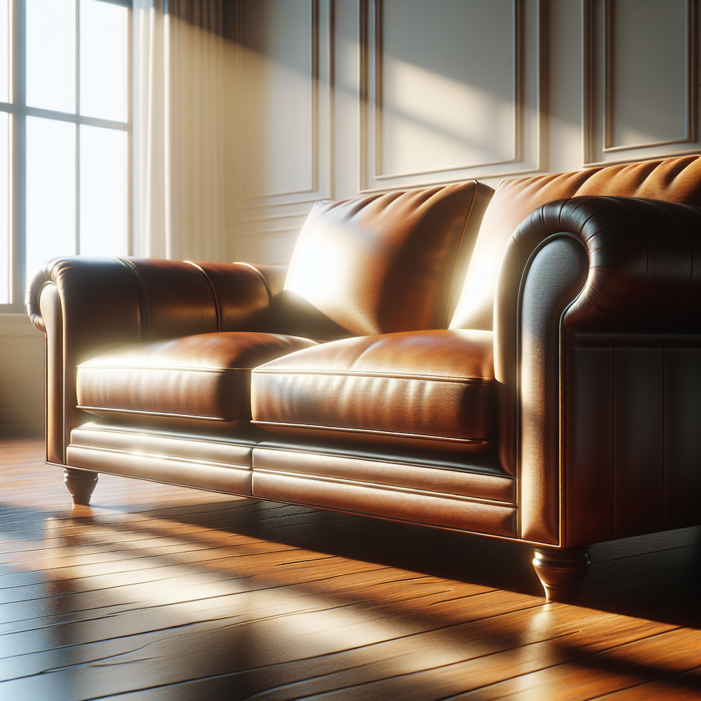 An elegant and pristine brown leather sofa is the centerpiece of a bright, inviting living room. Sunlight streams through a window, illuminating the sofa's clean, polished surface and creating a warm, fresh atmosphere. A subtle hint of an open window nearby suggests fresh air, emphasizing renewed cleanliness and comfort. Realistic, high detail.