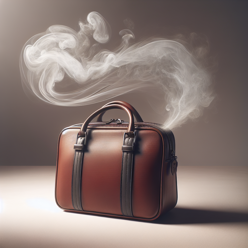 A stylish, open brown leather satchel with a subtle, swirling grey vapor emanating from its interior, representing an unpleasant smell. The bag is on a clean, minimalist surface under soft studio lighting, high detail, photorealistic.