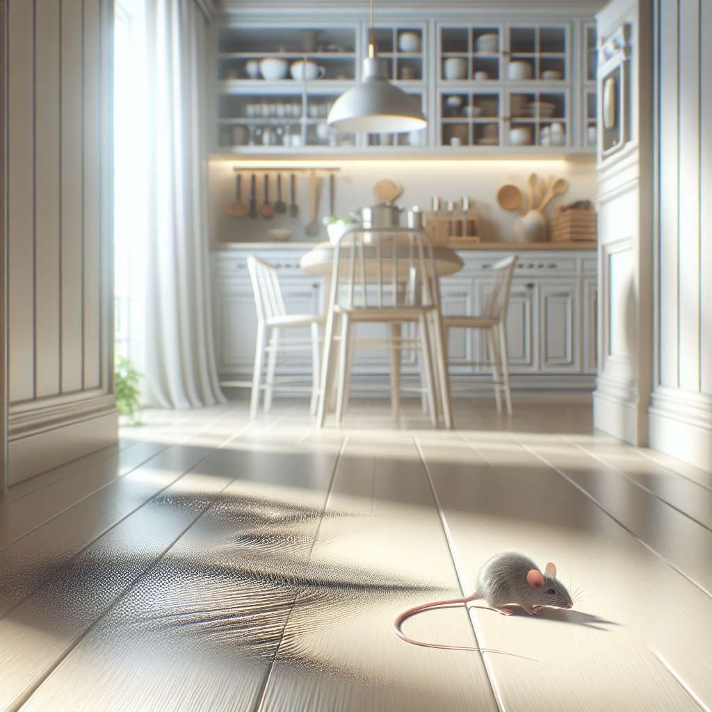 A realistic photo of a clean, modern home interior, perhaps a corner of a kitchen or pantry. In a subtle, almost hidden spot near the floor skirting, a tiny, dark mouse dropping is visible. Above it, faint, shimmering wavy lines subtly illustrate an unpleasant, persistent odor emanating. The overall feeling is one of a hidden, stubborn problem in an otherwise tidy space. Bright daylight.