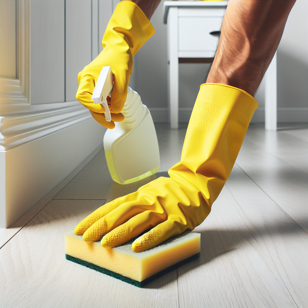 A close-up, realistic photo of a person's hands wearing yellow rubber cleaning gloves, actively scrubbing a floor corner with a sponge and a spray bottle. The corner of a white wall and a light-colored floor are visible. A small, subtle hint of a freshly cleaned, sparkling surface can be seen where they are scrubbing, suggesting the removal of a stubborn odor. The background is slightly blurred, implying a household setting.