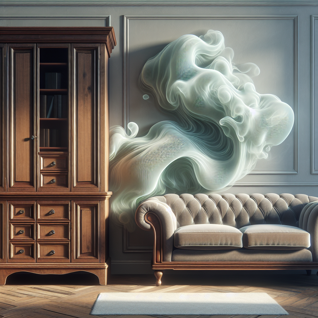A classic, elegant wooden cabinet or a plush upholstered sofa positioned in a clean, interior room. From the furniture, subtle, translucent, wavy lines or a faint greenish-grey haze gently rises and dissipates, visually representing a stale or unpleasant odor. The furniture itself is well-maintained but the emanating visuals clearly denote a bad smell problem. Photorealistic style, natural lighting.
