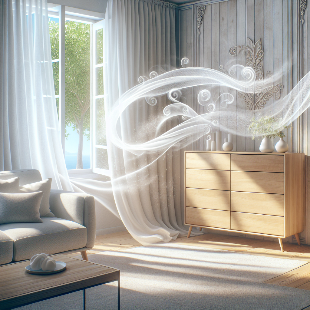 A bright and airy room with an open window, sheer white curtains gently billowing in the breeze. A modern, light-colored wooden chest of drawers and a comfortable sofa are strategically placed to catch the fresh air and sunlight. Delicate, invisible 'fresh air' currents are visually represented as soft, ethereal white or light blue swirls around the furniture, symbolizing cleanliness and a pleasant, fresh scent. The overall mood is uplifting, clean, and inviting. Photorealistic style.