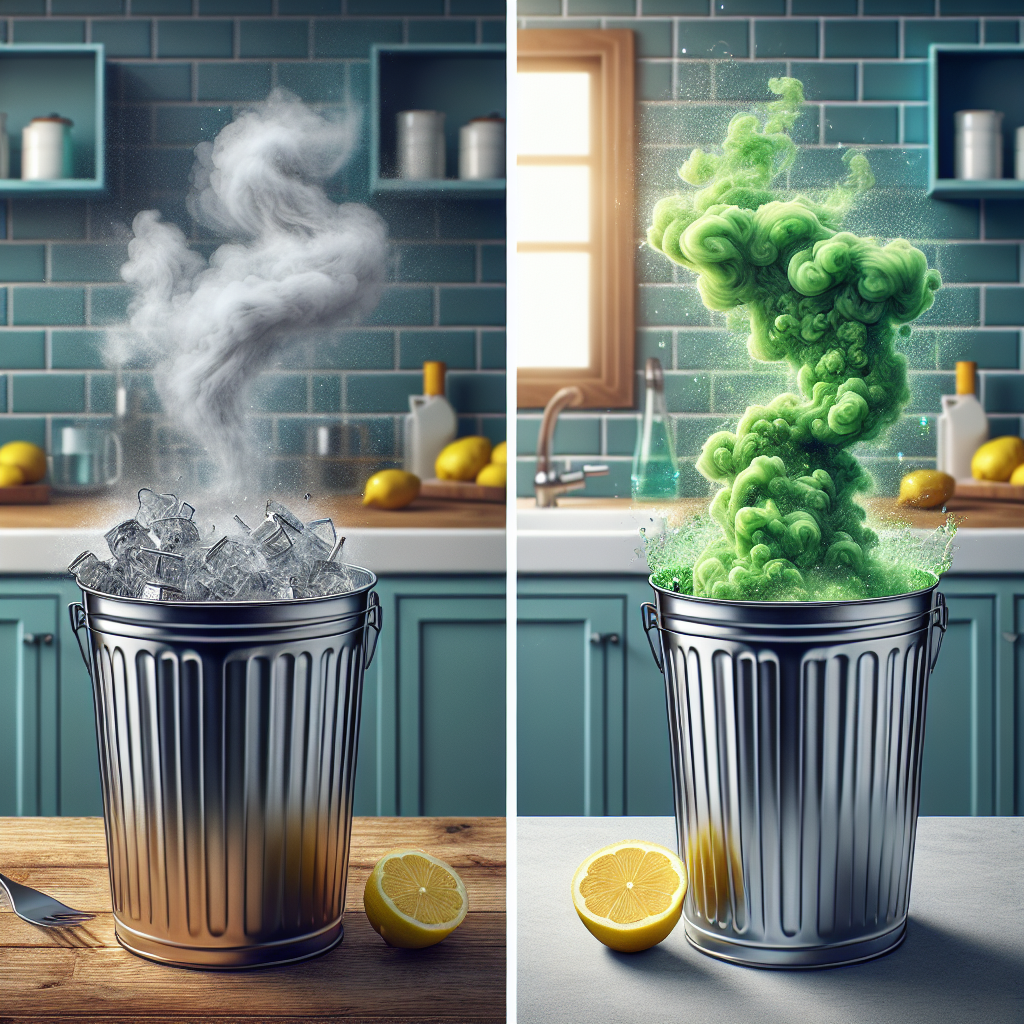 A visibly stinky kitchen trash can emitting swirling green fumes of bad odor, contrasted with a sparkling clean, empty trash can featuring a fresh lemon slice and a sprinkle of baking soda inside. The image should represent a clear before-and-after transformation from unpleasant smell to freshness, set in a bright, modern kitchen. High-resolution, realistic style.