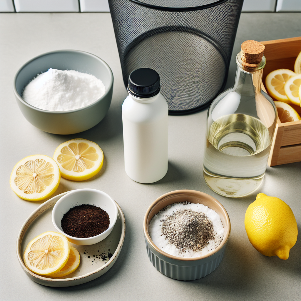 A close-up flat lay shot of common household odor remedies: a bowl of baking soda, a bottle of white vinegar, a small dish of dry coffee grounds, and a few fresh lemon slices, neatly arranged on a clean kitchen counter next to a shiny, empty trash can. The scene should evoke cleanliness and natural, effective solutions. Bright, natural lighting, realistic photo style.