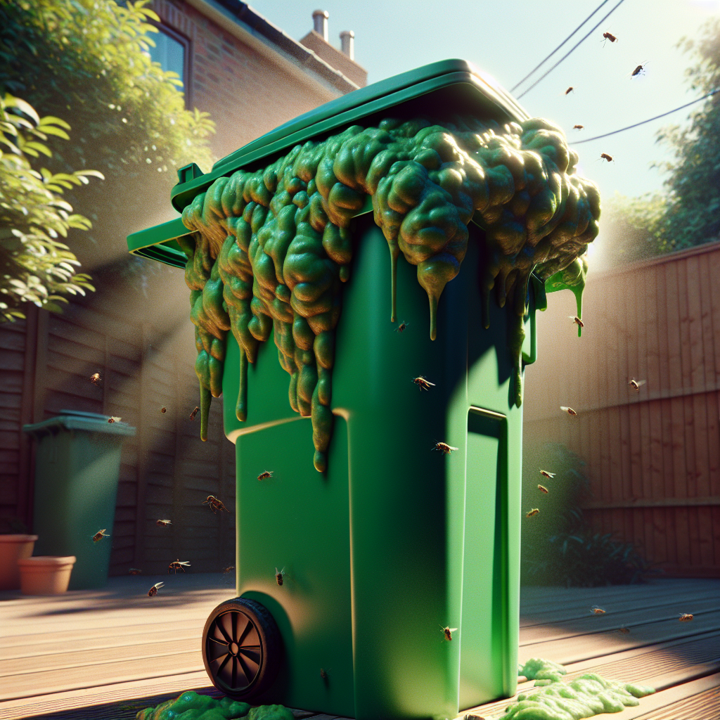 A highly realistic and detailed photograph of an overflowing, dark green outdoor trash can. A visible, swirling, slightly green and yellowish unpleasant odor cloud is emanating from the partially open lid. A few houseflies are buzzing near the rim. The setting is a warm, sunny backyard, conveying a strong sense of a bad smell. Cinematic lighting, high-contrast, focus on the unpleasantness.