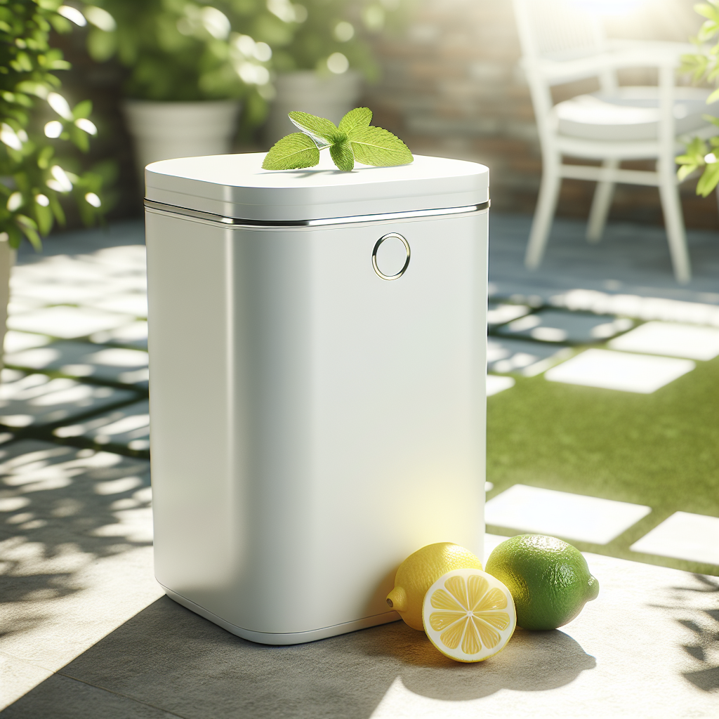 A bright, clean, and modern outdoor trash can, sparkling white or light gray, with a few fresh lemon slices and a sprig of green mint gently placed on its closed lid. A subtle, clean, and fresh aura is depicted around the bin. The background is a tidy, sunlit patio or backyard, suggesting a pleasant, odor-free environment. High-key lighting, professional photography style, very clean aesthetic.