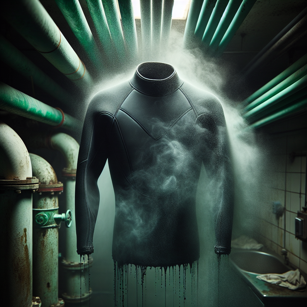 A dark, damp neoprene wetsuit hanging awkwardly in a dimly lit, slightly cluttered utility room. Subtle visual cues of an unpleasant, musty odor emanate from the wetsuit, like faint, wavy green-grey gas lines. The scene conveys a sense of stale, neglected sports gear, highlighting the 'smelly wetsuit' problem.