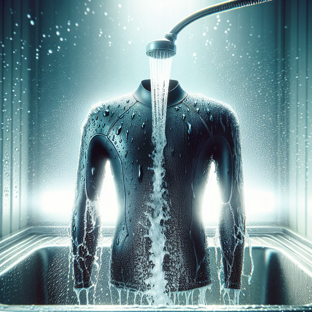 A sparkling clean neoprene wetsuit being gently rinsed under a stream of crystal-clear water, perhaps in a bright, modern outdoor shower or a clean utility sink. Water droplets glisten on the smooth surface of the wetsuit, and the background is bright and airy, conveying a sense of freshness, cleanliness, and proper care.