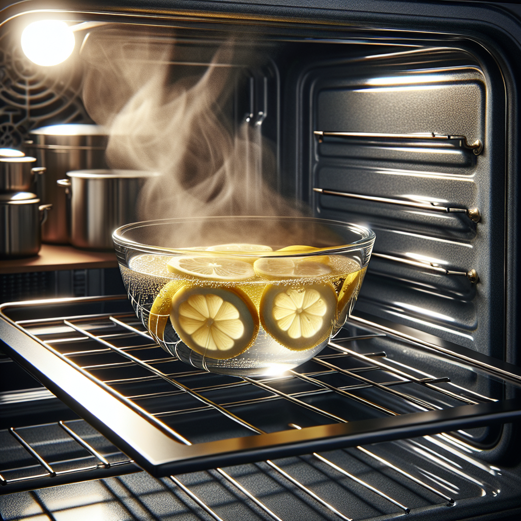 A modern kitchen oven interior with a clear glass bowl containing a mixture of water and sliced lemons, gently steaming. The oven racks are visible and clean, and the overall atmosphere is bright and fresh, symbolizing effective odor removal. There's a subtle, almost visible wisp of fragrant steam rising from the bowl.