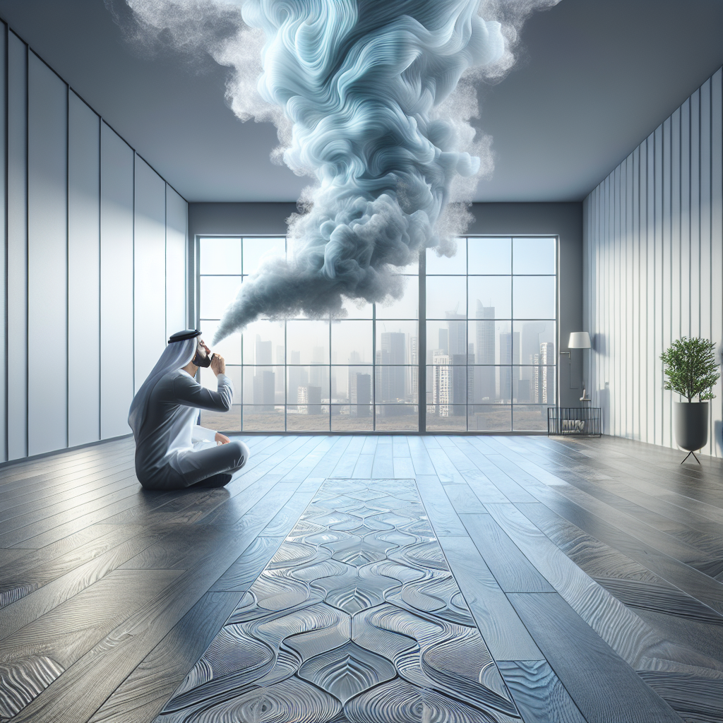 A modern living room with new PVC flooring. From the floor, a subtle, slightly unpleasant wavy haze rises, symbolizing an odor. Directly opposite, a large window is wide open, with visually crisp, clean air flowing into the room, represented by gentle, bright blue lines. A person stands near the window, visibly taking a deep, relieved breath, emphasizing the contrast between the unpleasant smell and fresh ventilation. Bright, clean aesthetic, emphasizing fresh air.