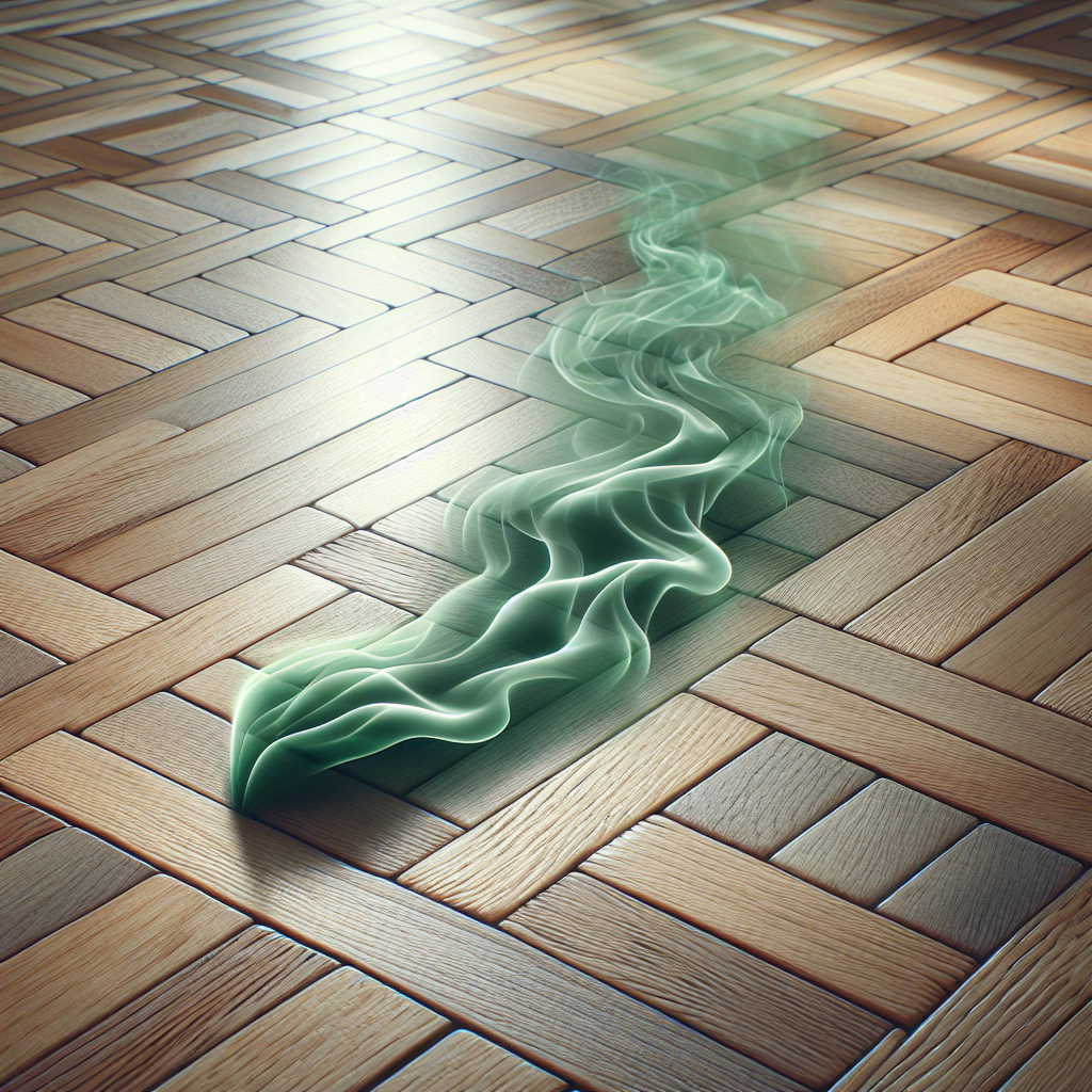 A close-up shot of elegant wooden parquet flooring with subtle, wavy, brownish-green fumes or hazy lines gently rising from a small, localized spot, symbolizing an unpleasant odor. The light emphasizes the beautiful wood grain, contrasting with the subtle visual of the bad smell. Realistic style, natural light, slightly desaturated colors to convey the problem.