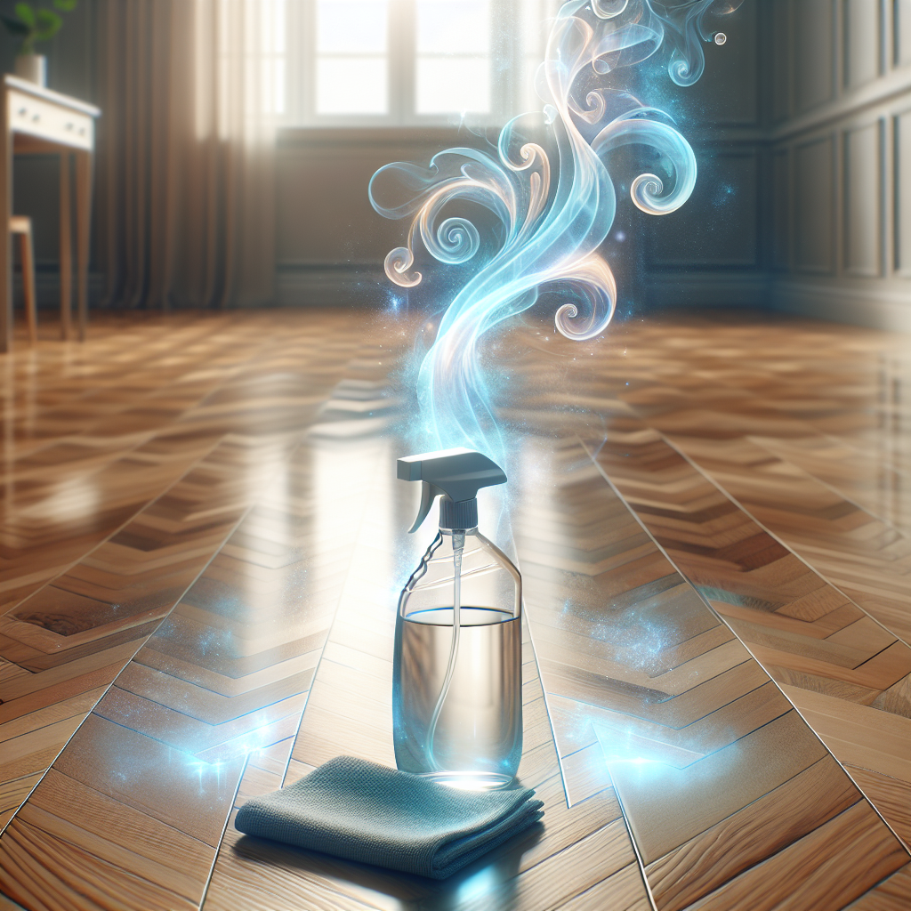 A pristine, freshly cleaned wooden parquet floor, gleaming and reflecting bright, soft natural light from a window. Above the floor, subtle, light blue, ethereal wisps or glowing swirls rise upwards, symbolizing a fresh, clean scent. A modern, minimalist eco-friendly spray bottle and a clean microfiber cloth are neatly placed in the foreground, suggesting a successful cleaning solution. Bright, inviting atmosphere, realistic style, vibrant colors.