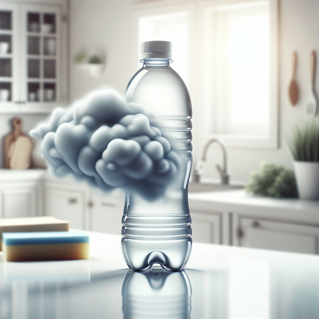 A clean, realistic photograph of a transparent plastic water bottle on a kitchen counter, with a subtle, stylized greyish cloud representing an unpleasant odor emanating from its opening. In the background, out of focus, are common cleaning supplies like a sponge and dish soap. The lighting is bright and clean, hinting at a solution to the problem.