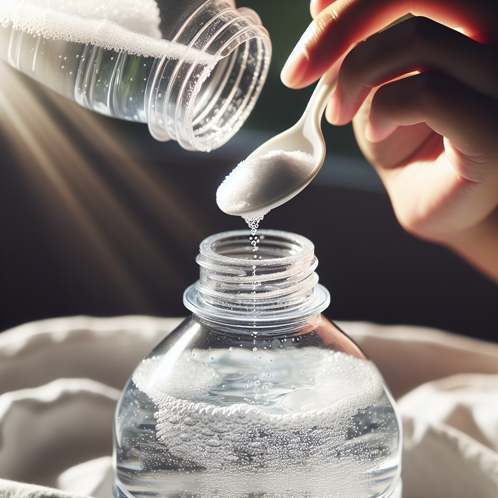 A close-up, well-lit shot focusing on the opening of a transparent plastic water bottle. A hand is carefully pouring a spoonful of white baking soda (Natron) into the bottle, which is already partially filled with warm, clear water. Small, gentle bubbles are visible, illustrating the start of the odor-neutralizing process. The scene is bright, clean, and practical.