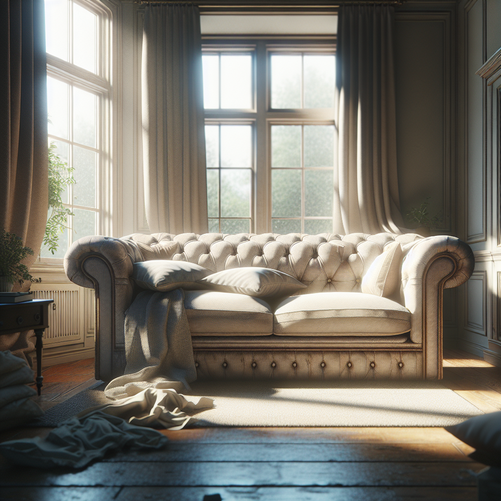 A realistic image of a comfortable, well-used upholstered sofa in a cozy living room, looking slightly tired and in need of refreshing. There's a subtle, almost invisible hint of a lingering unpleasant odor, creating a feeling of needing a deep clean. Soft, natural light, no explicit trash or mess, just the feeling of old smells.