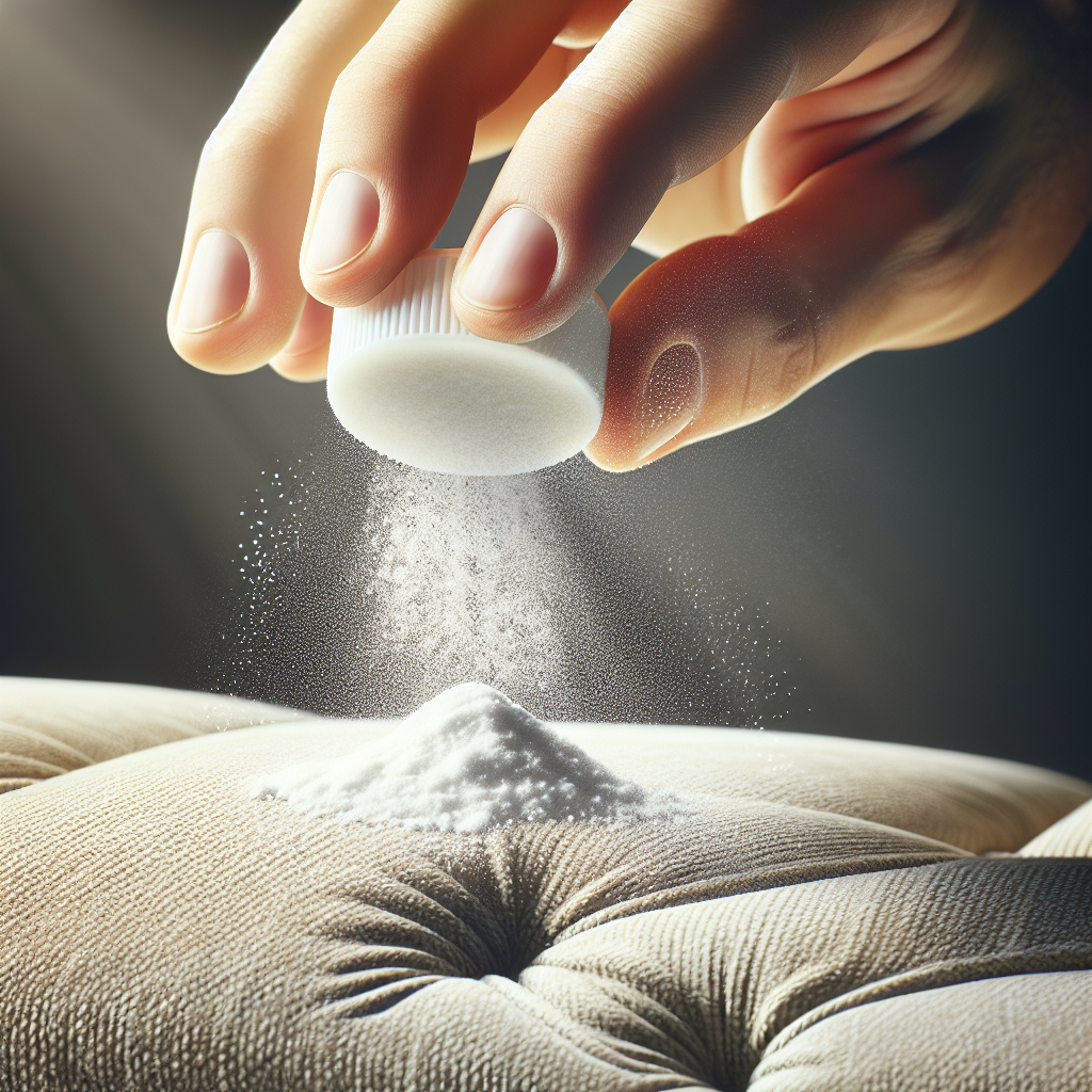 A close-up, realistic shot of a hand gently sprinkling a fine white powder (baking soda) evenly over the upholstered fabric of a light-colored sofa cushion. The scene is bright, clean, and highlights the process of a simple home remedy for freshness. Focus on the action and texture of the fabric.