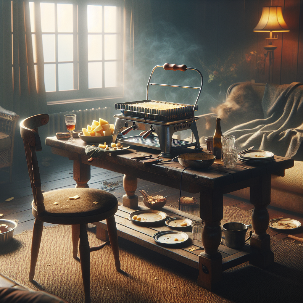 A cozy living room scene after a festive Raclette dinner. An empty Raclette grill sits on a wooden table surrounded by used plates and glasses. Subtle, almost visible wisps of savory cheese aroma are depicted lingering in the warm, slightly dimmed air, creating a pervasive, stuffy atmosphere. The room feels lived-in, with textiles and furniture hinting at having absorbed the strong smell. Realistic, atmospheric, with a hint of post-dinner melancholia.