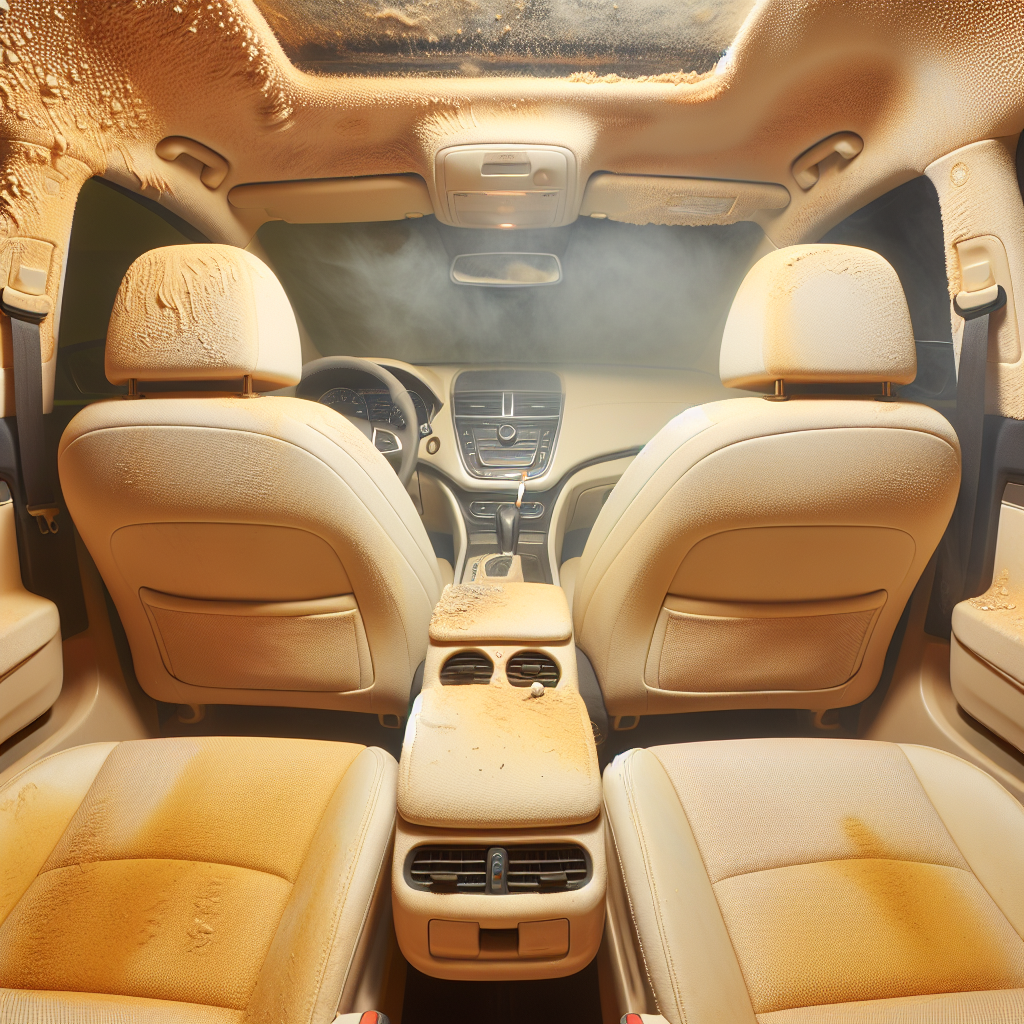 A close-up shot inside a car interior, depicting a heavily smoked-in environment. Yellowish-brown stains are visible on light-colored fabric seats and the headliner, with a subtle haze or film over plastic surfaces, strongly suggesting a stale, lingering cigarette smoke smell. The scene evokes a feeling of unpleasantness and deep-set odors. Realistic photo, slightly desaturated colors.