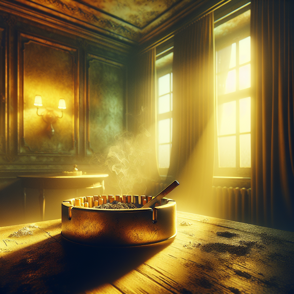 A dimly lit, slightly hazy room with yellowed walls and curtains, an empty old ashtray on a dusty table, conveying a strong sense of stale cigarette smoke lingering in the air. The atmosphere is heavy and uninviting, representing a 'Raucherwohnung'. Realistic photo.