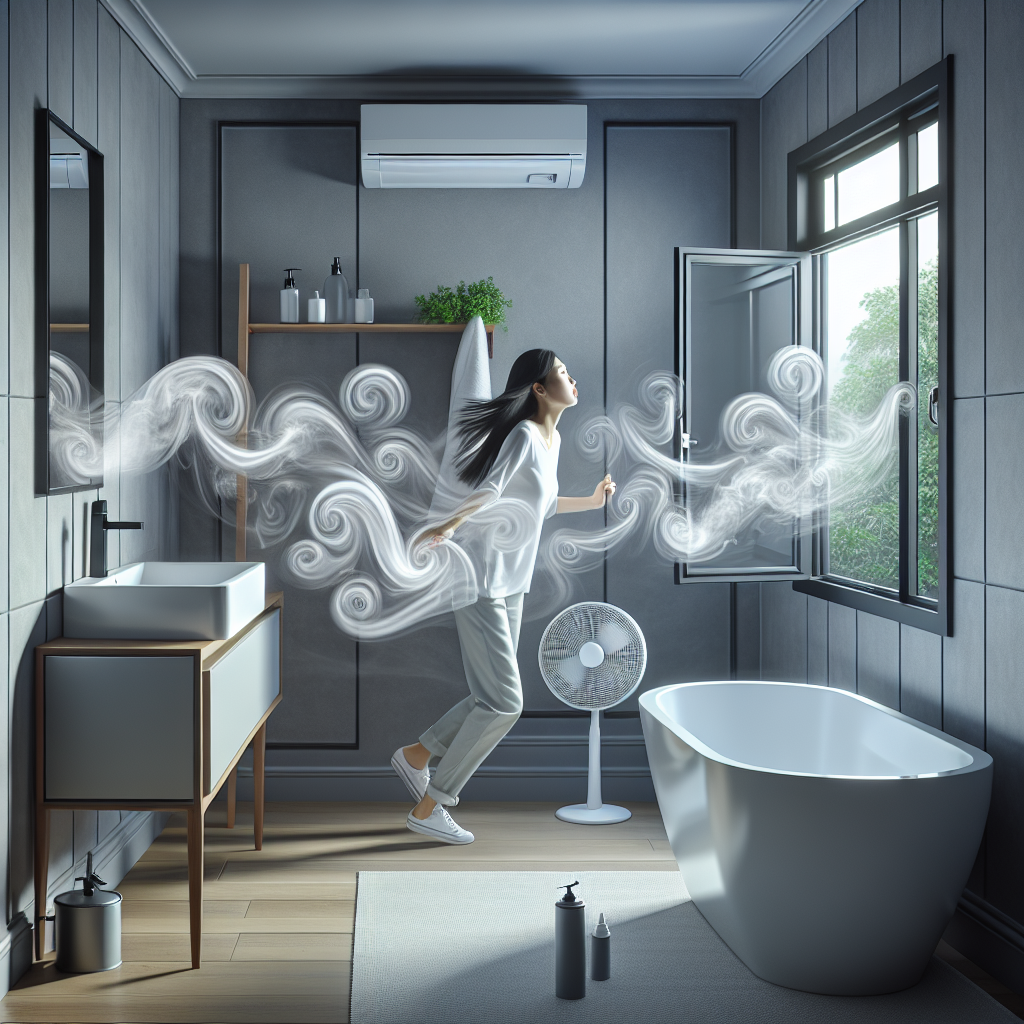 A modern, clean bathroom after a renovation, with newly applied silicone sealant visible along the edges of a shower or sink. The air is heavy with a visible, unpleasant chemical odor, represented by subtle, swirling grey or purple fumes. A person, looking slightly uncomfortable, is actively opening a window wide while a small, oscillating fan is running in the background, aiming towards the open window to ventilate the room. The scene emphasizes the need for fresh air to dispel strong smells.
