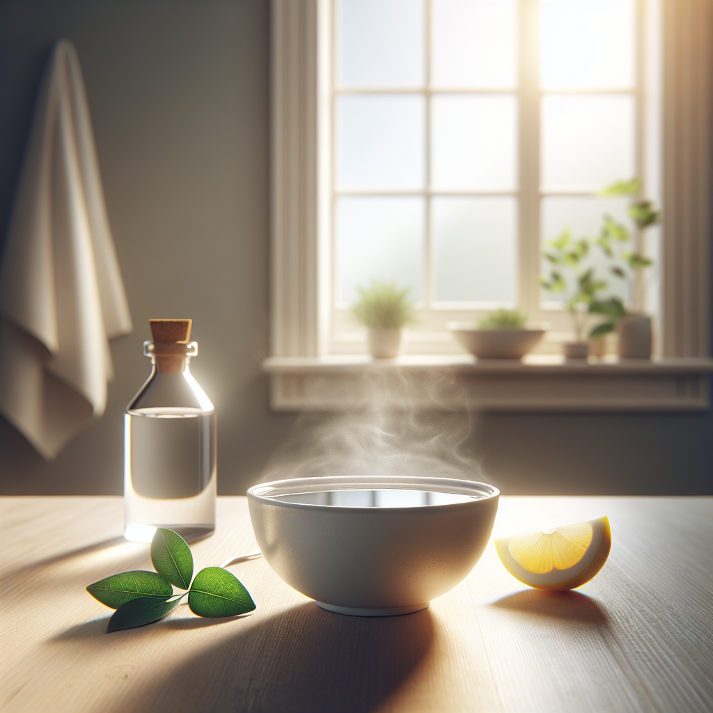 A close-up, warm-toned still life of a small, white ceramic bowl filled with a clear liquid (symbolizing vinegar water), placed on a light wooden countertop. The background shows a subtly blurred kitchen or bathroom setting with a freshly sealed window frame or tile grout (suggesting recent silicone application). Soft sunlight streams in, creating a sense of cleanliness and a hint of steam rising from the bowl to imply odor neutralization. A few fresh green leaves or lemon slices are delicately placed next to the bowl to enhance the natural remedy feel.
