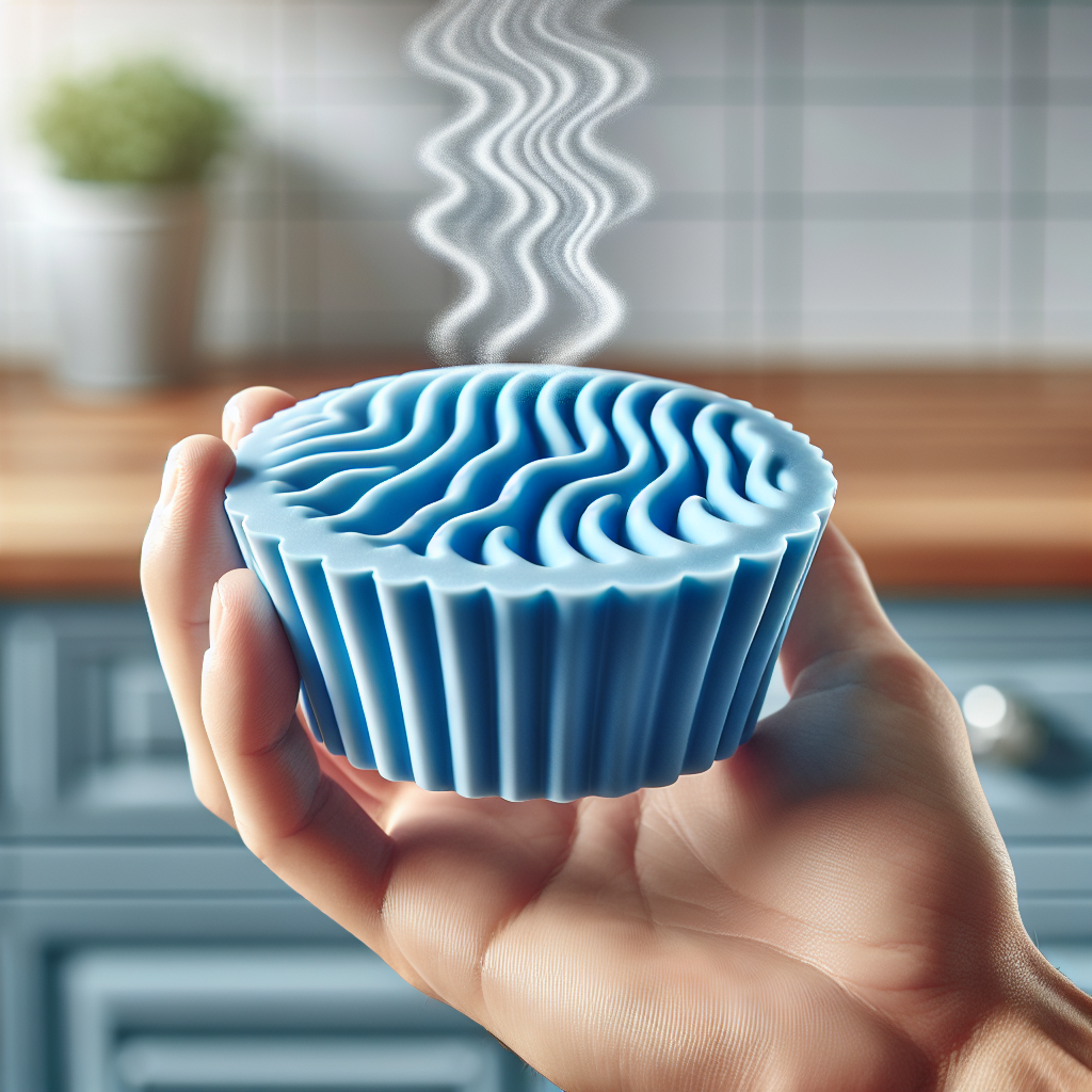 Ein Hand hält eine flexible, leuchtend blaue Silikon-Muffin-Form, aus der sich subtile, kaum sichtbare graue Wellenlinien erheben, die einen unangenehmen Geruch andeuten. Im Hintergrund eine moderne, saubere Küchenarbeitsplatte mit weichem Tageslicht. Realistischer Fotostil, Nahaufnahme.
