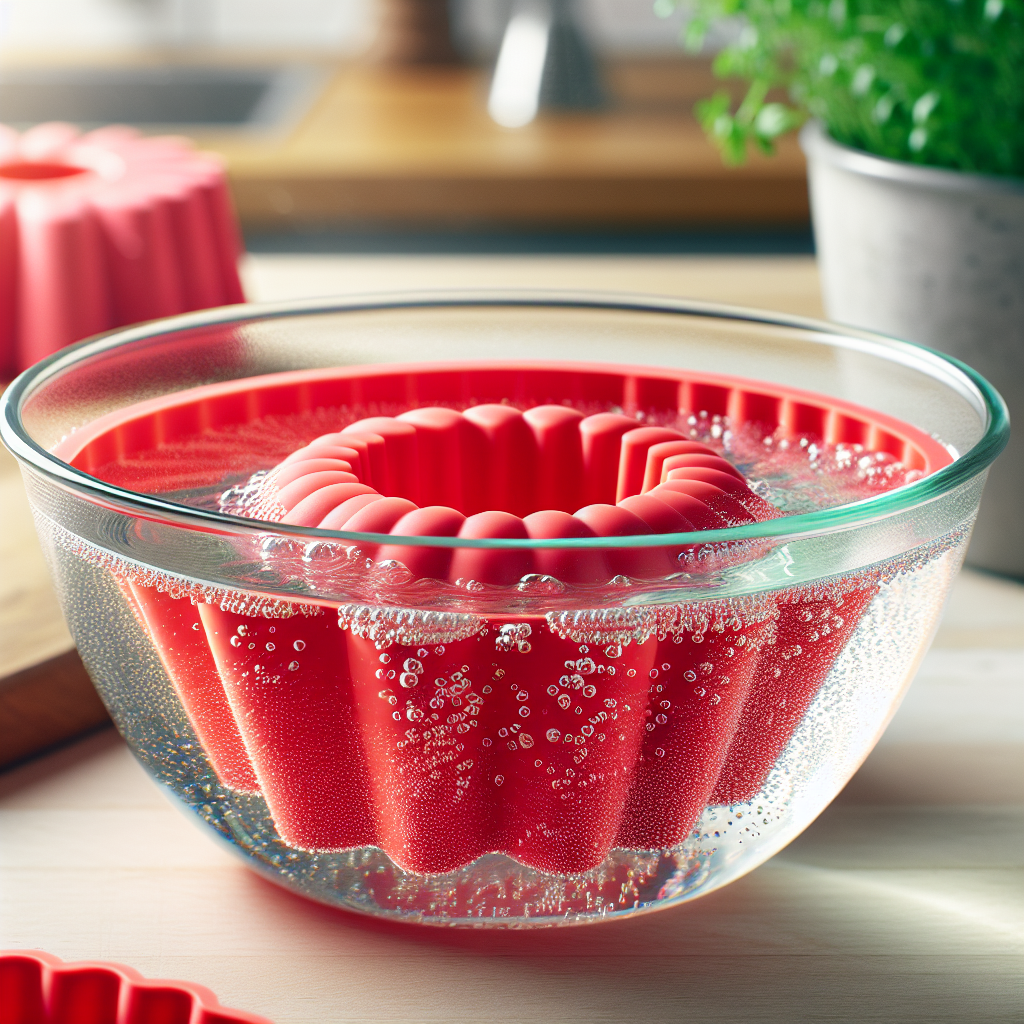 Eine leuchtend rote Silikon-Kuchenform ist in einer klaren Glasschüssel mit Wasser und einem Schuss Essig eingetaucht. Leichte Bläschen steigen um die Form auf. Die Szene ist auf einer hellen Holzküchenarbeitsplatte arrangiert, mit einer unscharfen frischen Kräuterpflanze im Hintergrund. Helle, saubere und frische Atmosphäre. Realistischer Fotostil.