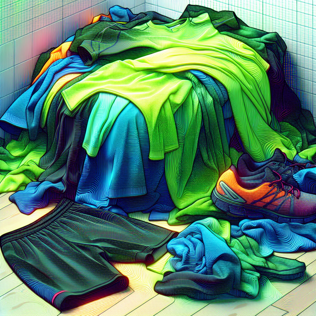A close-up shot of a crumpled pile of colorful, synthetic sports clothing, such as a neon-green running shirt and dark athletic shorts, lying on a laundry room floor. Subtle visual cues of unpleasant odor emanate from the fabric, perhaps slight wavy lines or a muted, slightly hazy filter over the pile, capturing the feeling of stubborn smell. The texture of the synthetic fabric is detailed.