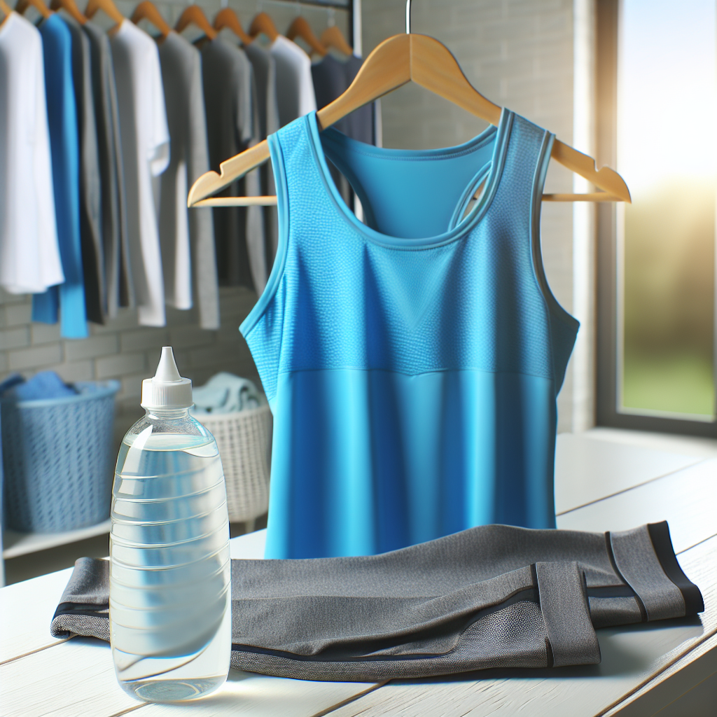 A bright, well-lit image of clean, fresh sports clothing (vibrant blue running top, grey leggings) neatly folded or hanging to dry in a modern laundry room. In the background, out of focus but clearly identifiable, is a bottle of white vinegar on a shelf, hinting at home remedies. The image conveys a sense of cleanliness, freshness, and effective care.