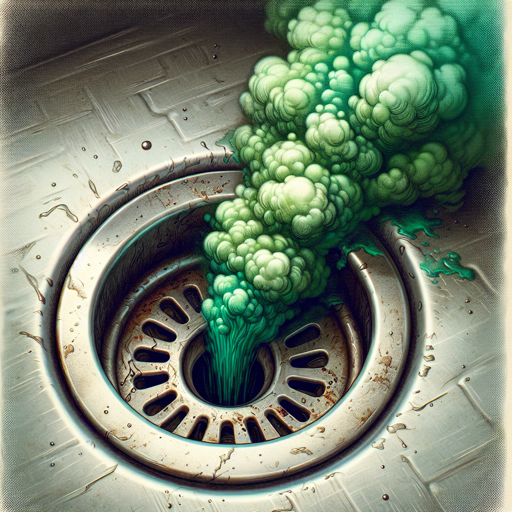 A close-up shot of a kitchen sink drain with a visible, unpleasant green or brownish odor cloud wafting out, representing a foul smell. The sink itself looks a bit grimy and uninviting. Realistic style, slightly desaturated colors.